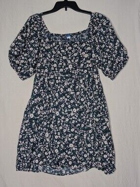 Old Navy Floral Midi Navy Pink Flowers Dress With Pockets And Puffy Sleeves